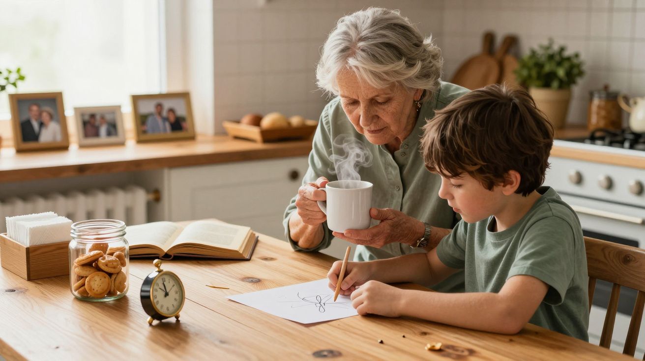 Abuela y niño dibujan en la mesa de la cocina; ella sostiene una taza, hay galletas, un reloj y un libro abierto.