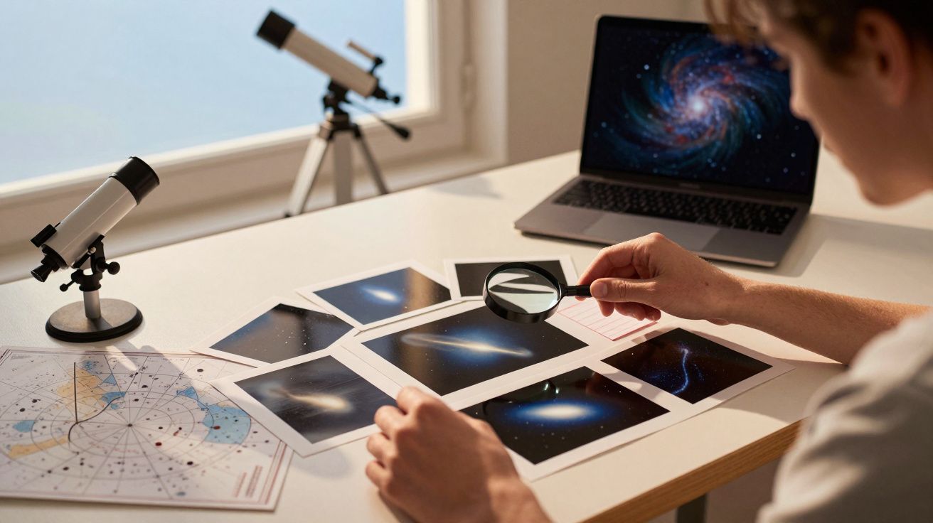 Persona examinando fotos de galaxias con una lupa en una mesa. Telescopio y portátil cerca.