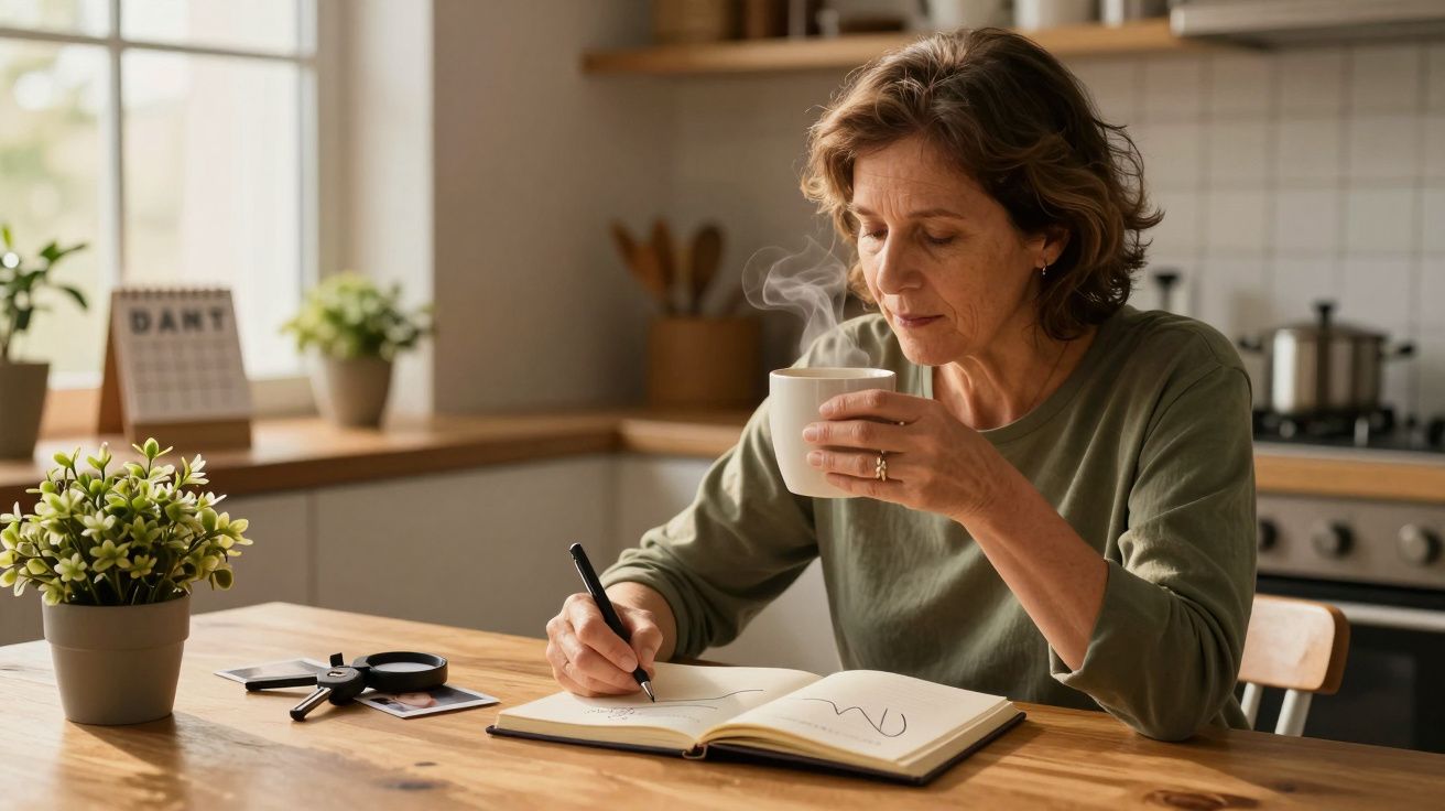 Mujer sentada en una cocina luminosa, escribiendo en un cuaderno y tomando una taza de café humeante.