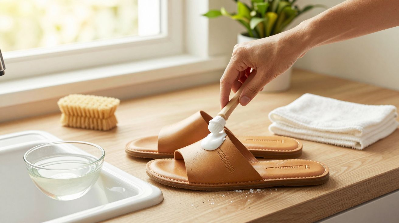 Mano limpiando sandalias de cuero marrón con un cepillo en la cocina.