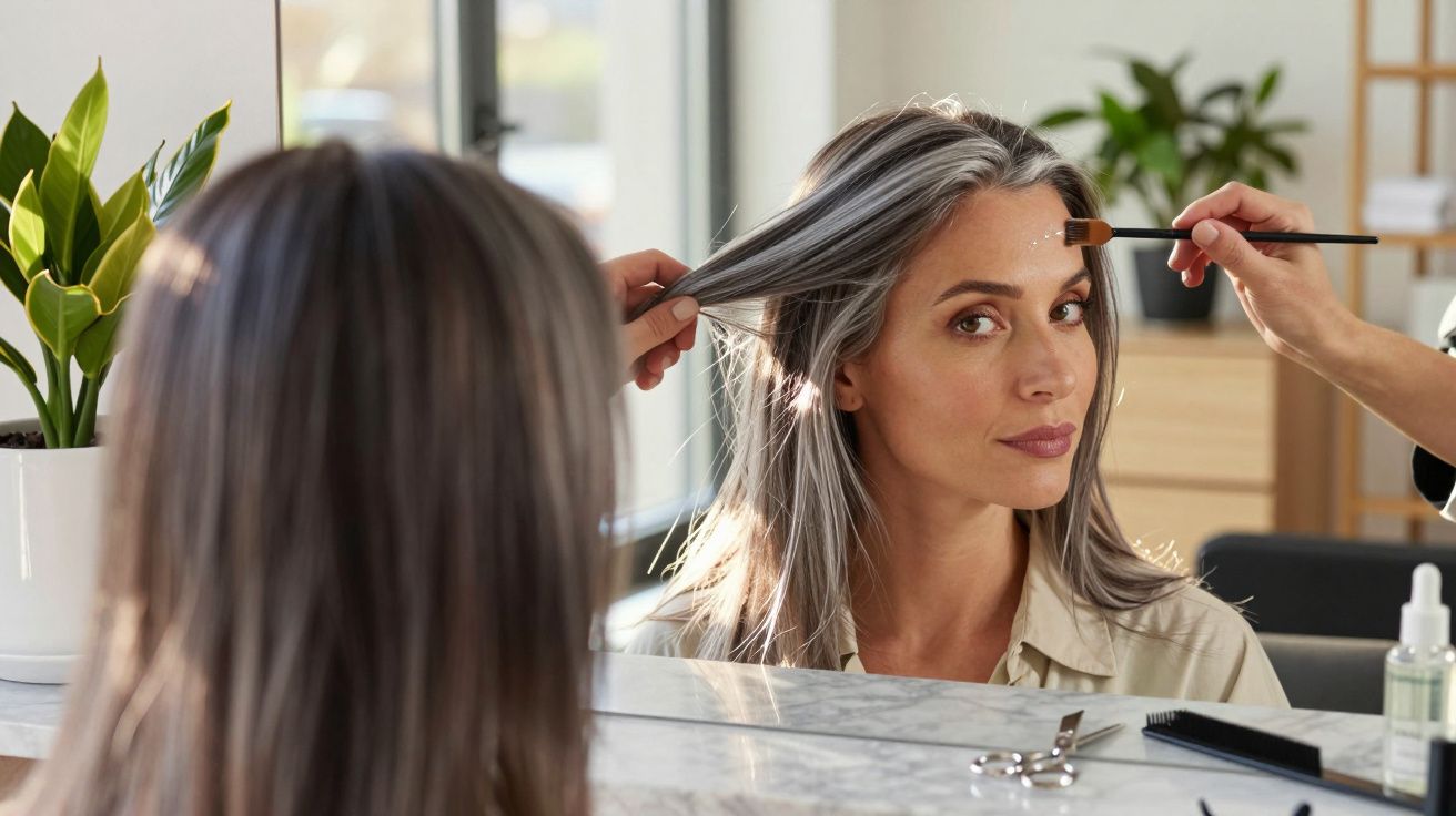 Mujer frente al espejo recibiendo maquillaje, con canas al aire; reflejo en primer plano. Planta al fondo.
