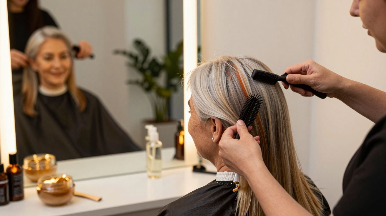 Mujer frente al espejo en peluquería, estilista peinando su pelo rubio canoso con un peine.