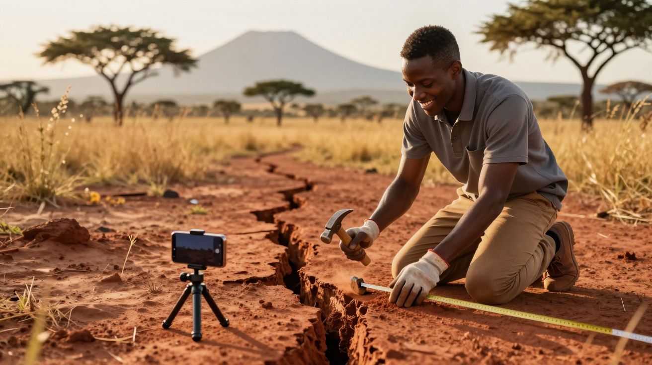 Hombre en la sabana africana midiendo una grieta en el suelo con cinta métrica y martillo, mientras un móvil graba.