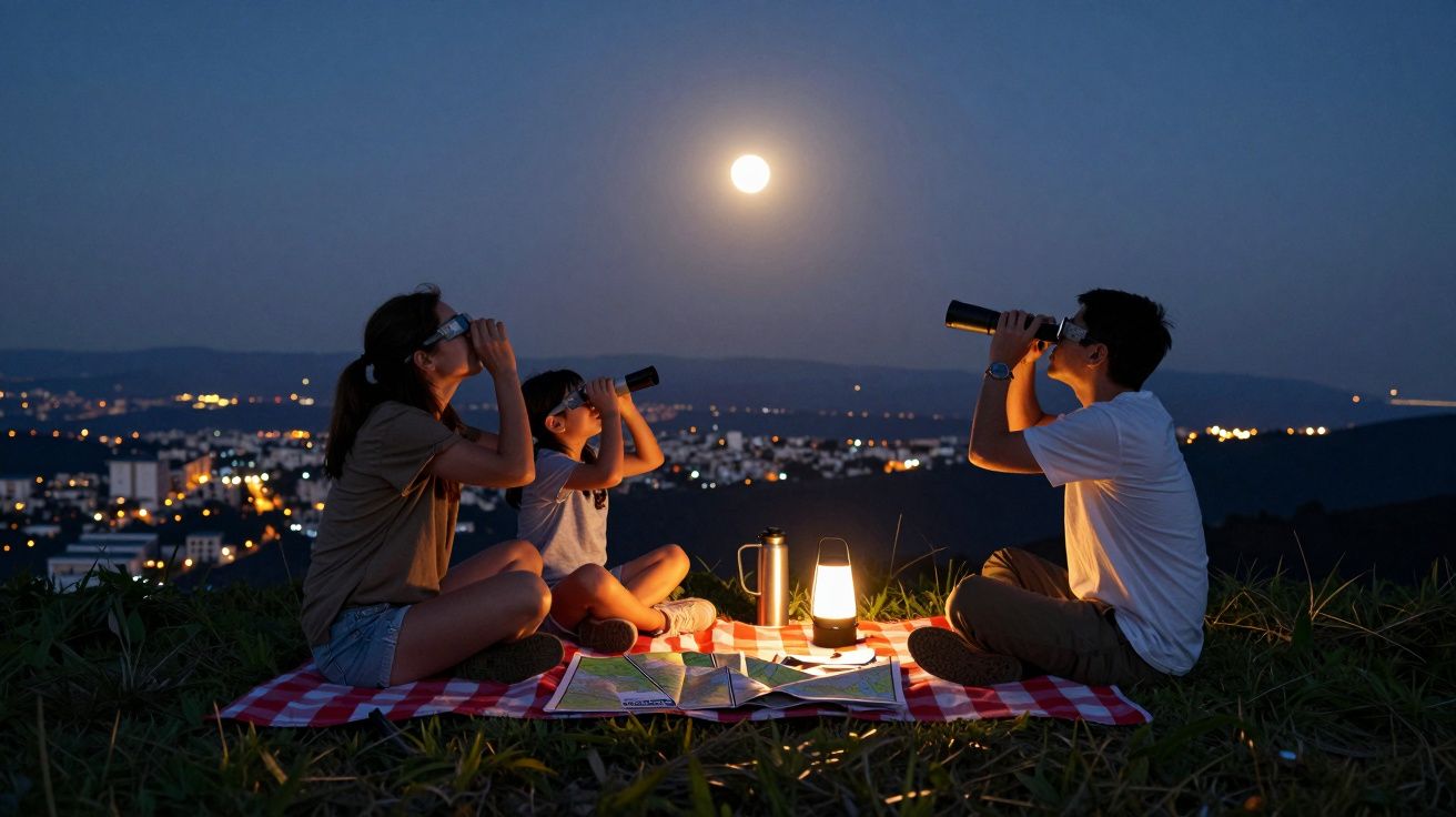 Familia viendo la luna con prismáticos, sentada en un picnic nocturno con linterna, mapa y ciudad de fondo.