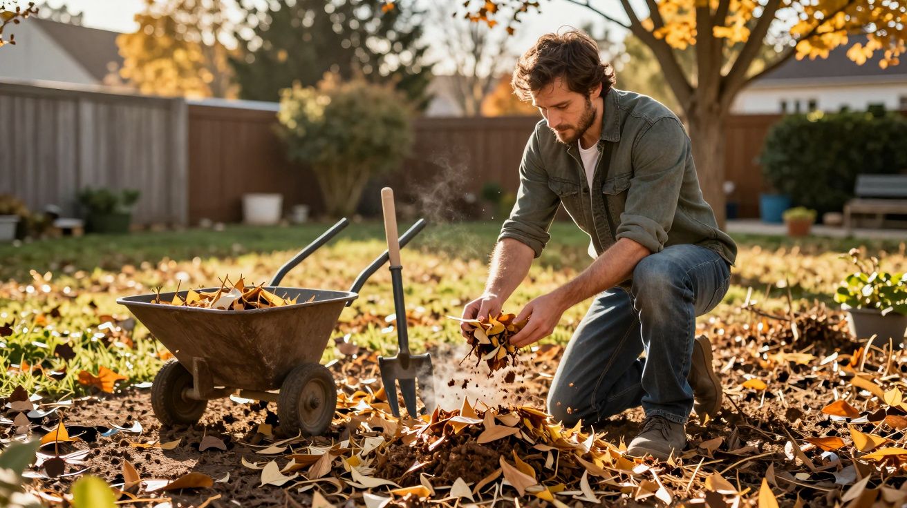 Hombre recogiendo hojas secas en el jardín, cerca de una carretilla y una pala, durante el otoño.