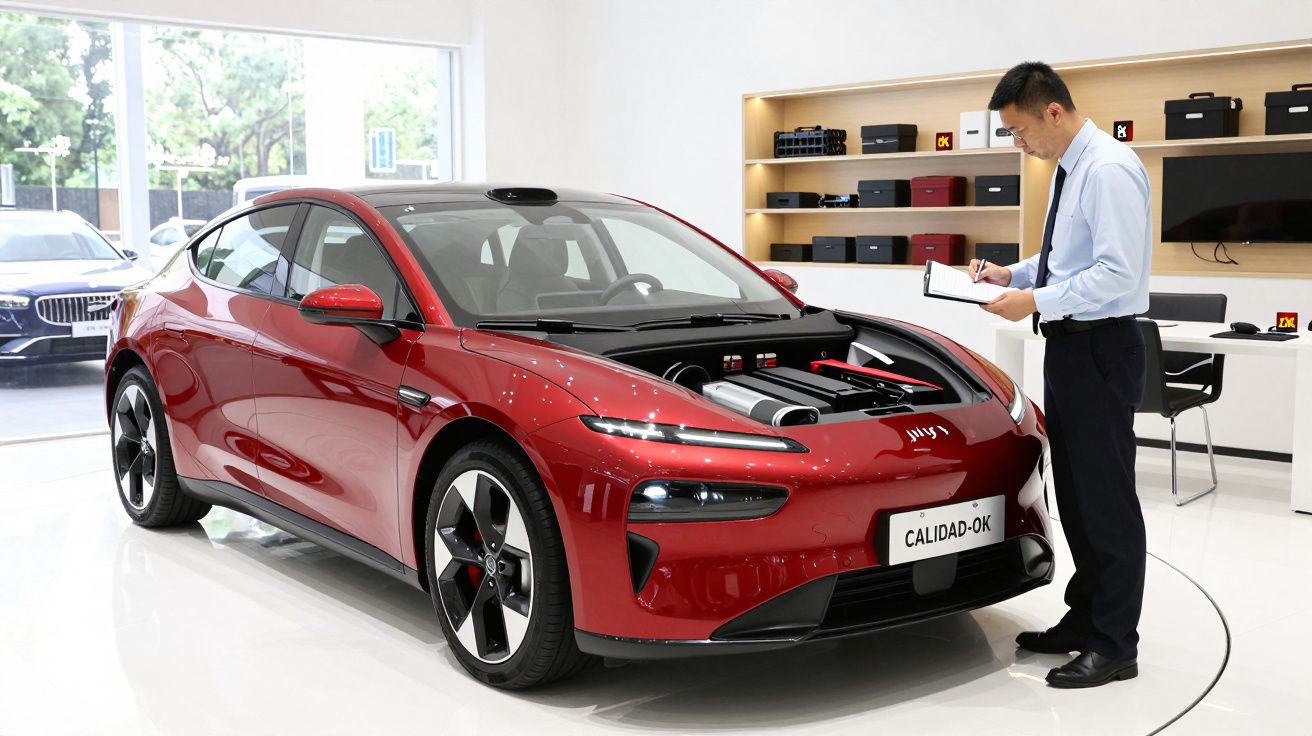 Hombre inspeccionando un coche eléctrico rojo con el capó abierto en una sala de exposición moderna.