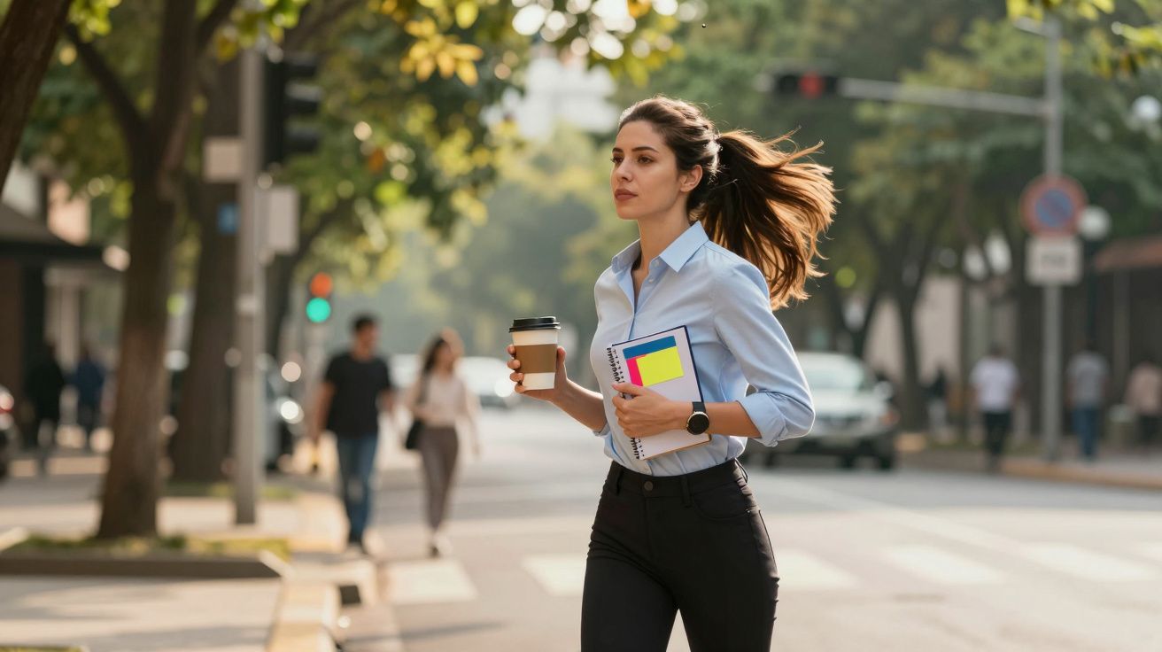 Mujer caminando y sosteniendo café y cuaderno en calle urbana, con árboles y tráfico peatonal de fondo.