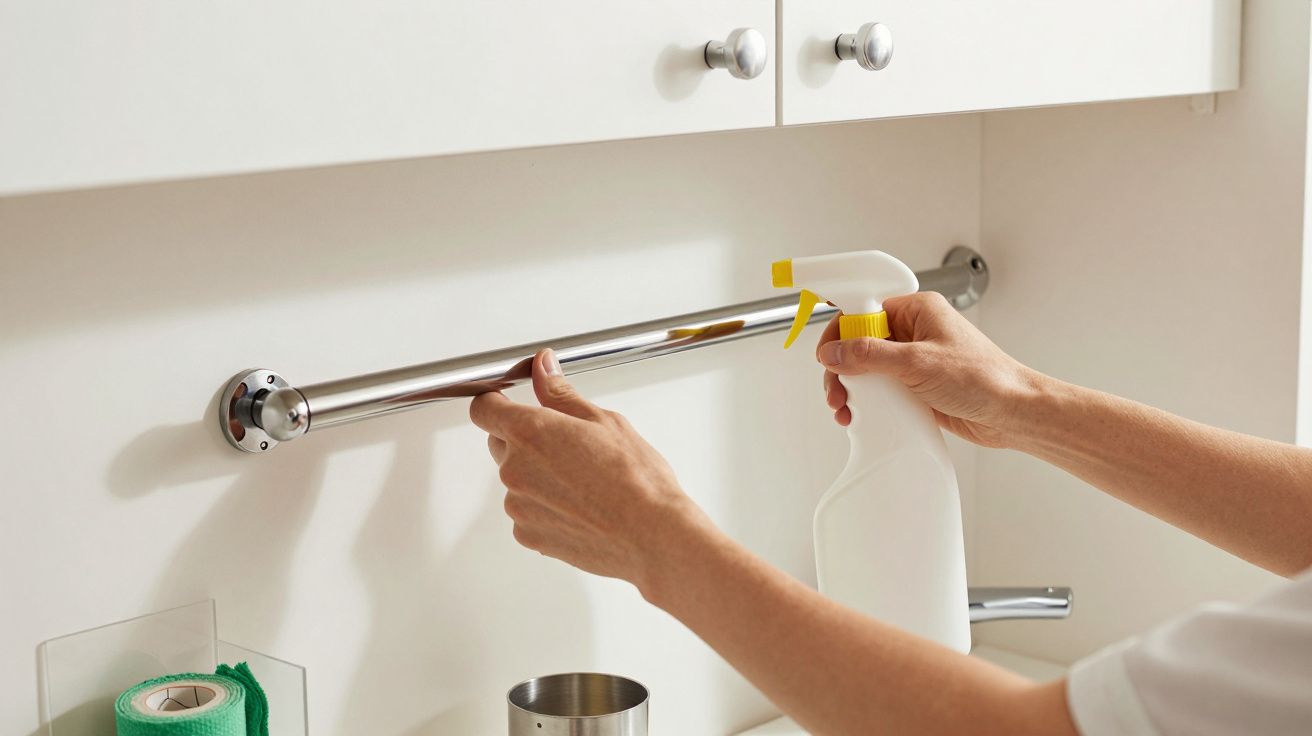 Persona limpiando barra de sujeción en baño con spray.