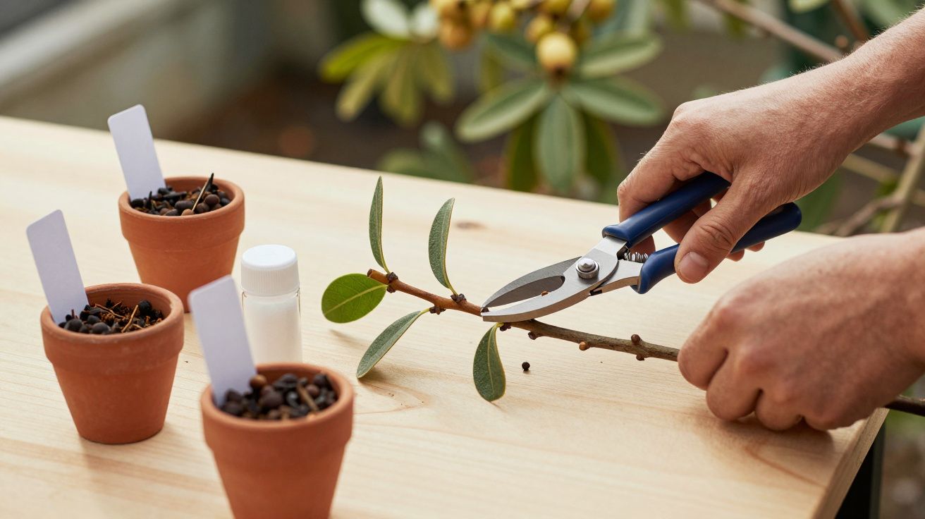 Manos podando una rama con tijeras de jardín junto a macetas pequeñas en una mesa de madera.