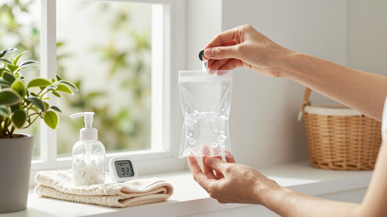 Manos sosteniendo una bolsa transparente con líquido junto a una ventana, cerca de plantas y productos de baño.