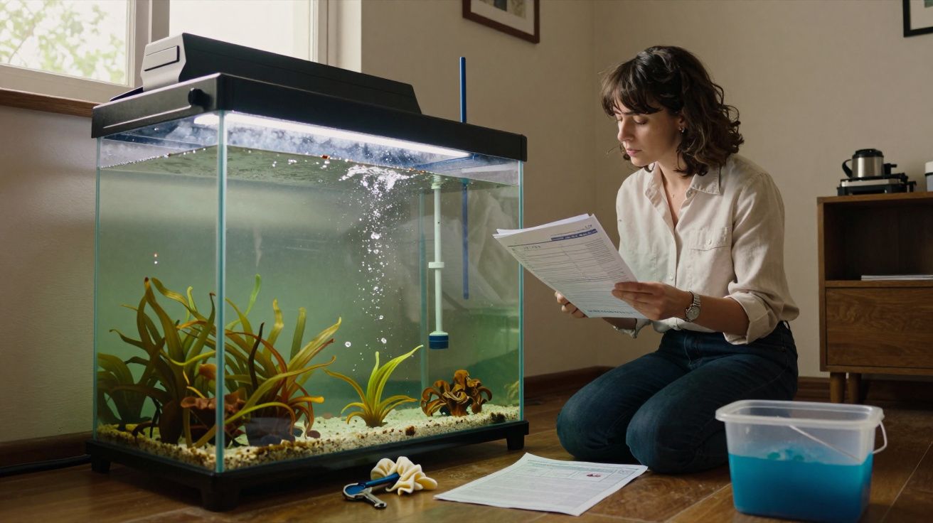 Mujer revisando instrucciones junto a un acuario con plantas acuáticas, sentada en el suelo de una habitación iluminada.