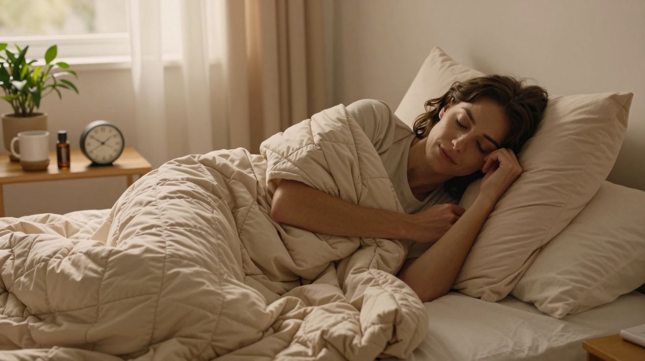 Mujer durmiendo plácidamente en cama, con edredón beige, junto a mesita con reloj, planta y taza blanca.