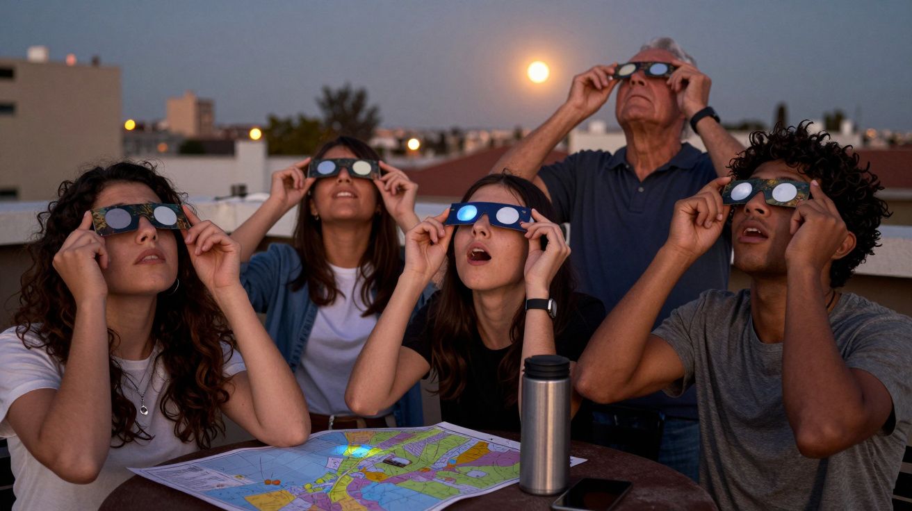 Grupo de personas con gafas especiales observa el eclipse lunar al anochecer en una azotea con mapa sobre la mesa.
