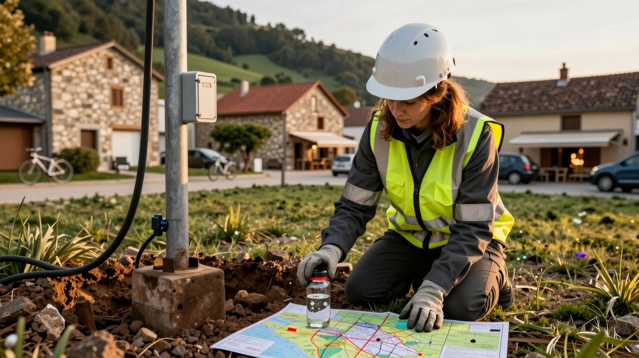 Ingeniera civil con casco y chaleco, revisa un mapa en una zona rural con casas de piedra al fondo.