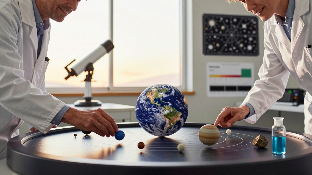 Científicos en laboratorio realizando un experimento con un modelo a escala del sistema solar.