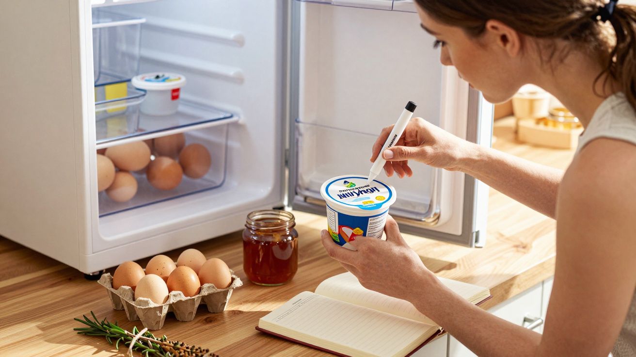 Mujer escribe en un envase de yogurt en una cocina, junto a la nevera abierta con huevos y miel sobre la mesa.