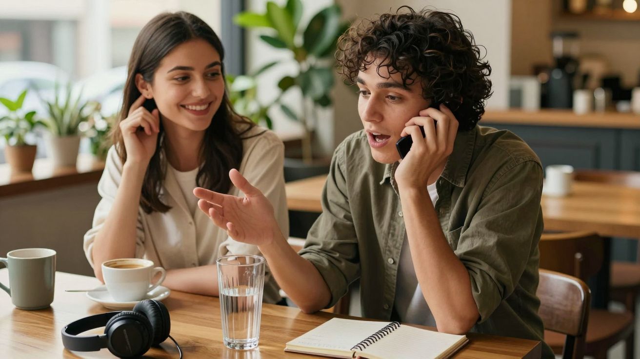 Dos personas en una cafetería, una hablando por teléfono y otra sonriendo, con auriculares, café y plantas en la mesa.