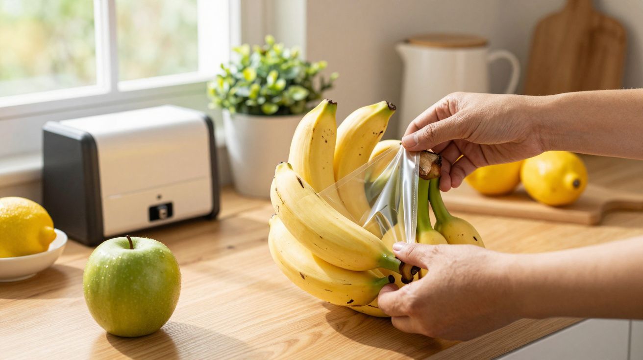 Manos envolviendo un racimo de plátanos con film transparente sobre una encimera de cocina.