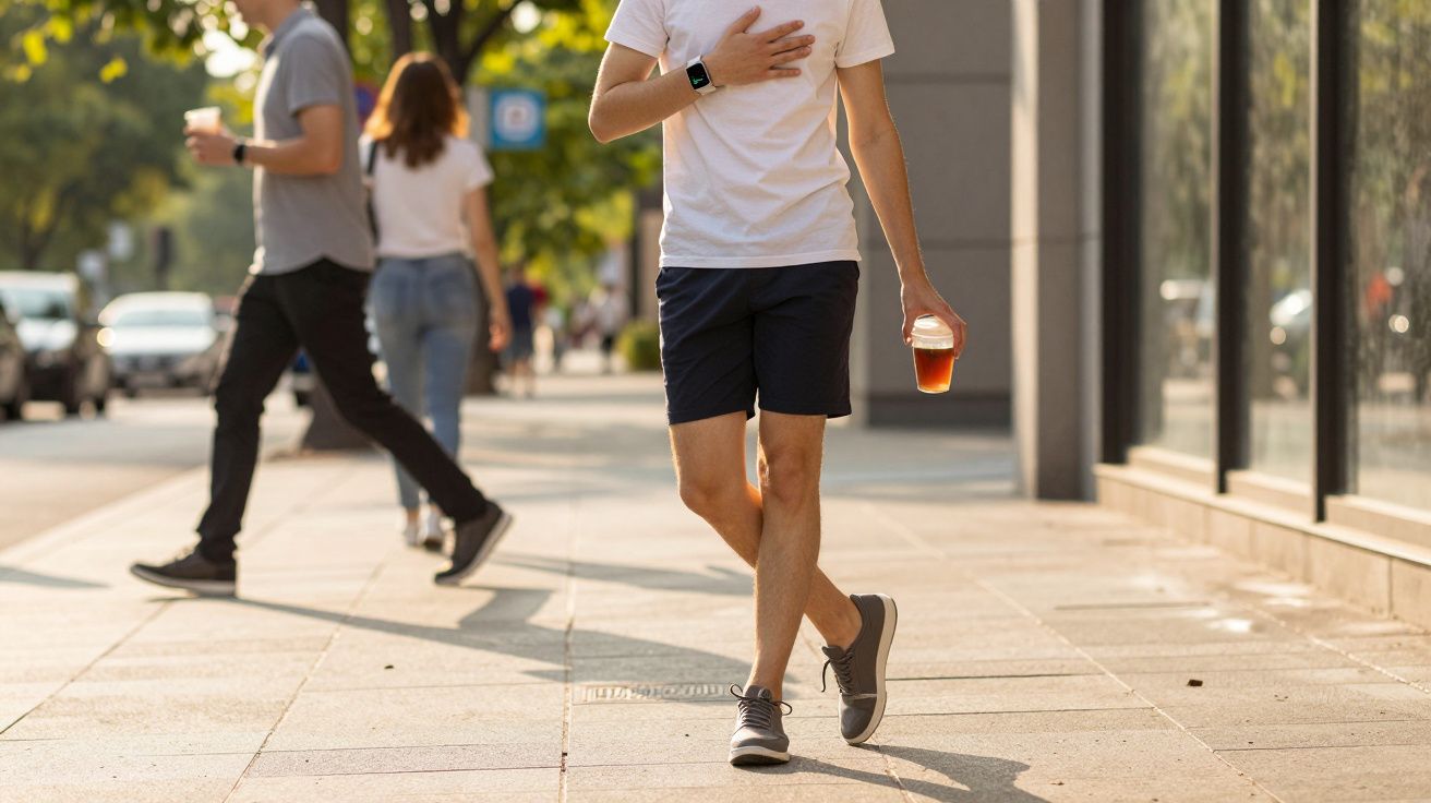Persona caminando por la acera, sosteniendo una bebida; otras dos personas al fondo, día soleado.