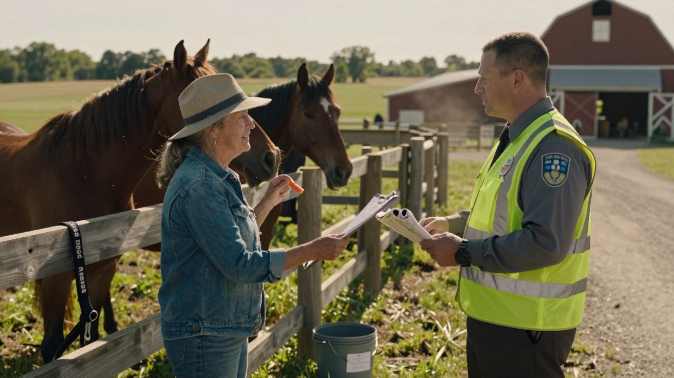 Persona con sombrero y empleado en chaleco conversan junto a caballos y un establo en el campo.