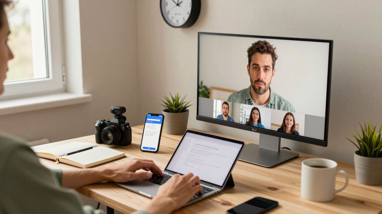 Persona en videollamada grupal por ordenador portátil, con cámara y teléfono móvil sobre la mesa de madera.