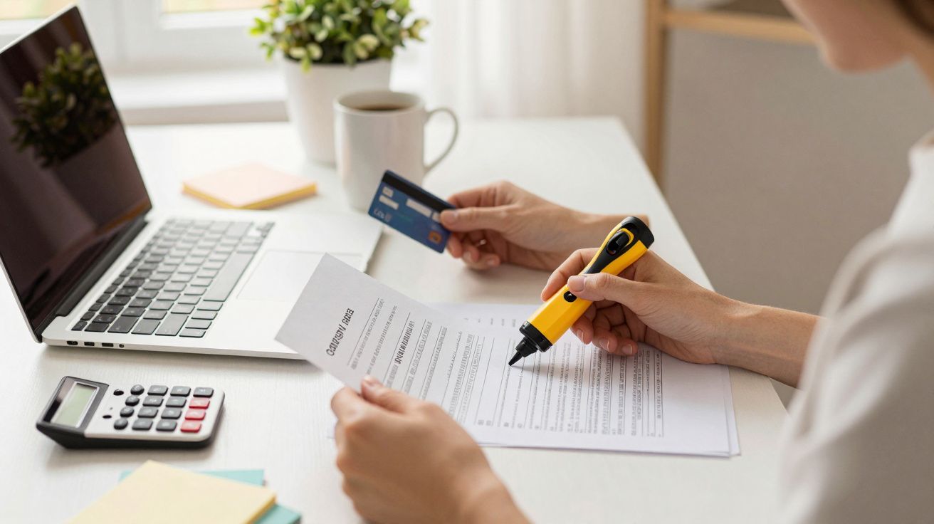 Persona resaltando texto en documento junto a portátil, tarjeta de crédito y calculadora en una mesa.