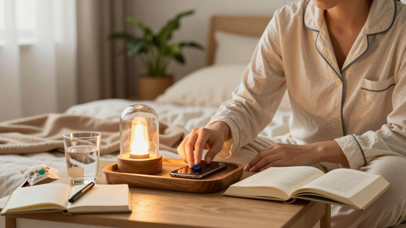 Persona en pijama tocando un móvil sobre una mesa con lámpara, libro, vaso de agua y plantas al fondo.