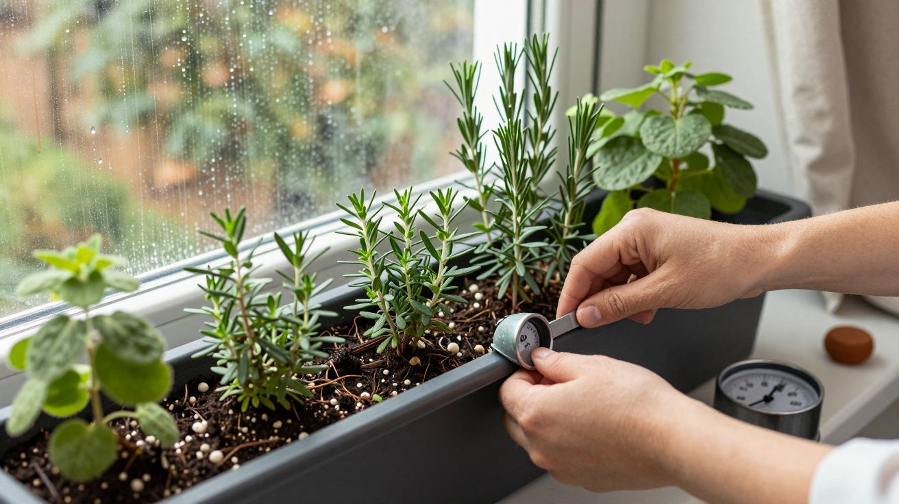 Manos cuidando plantas de hierbas en una maceta interior junto a una ventana húmeda, midiendo la humedad del suelo.