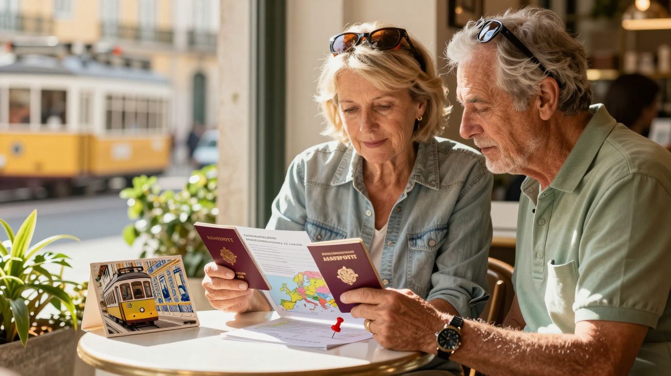 Pareja mayor en un café revisa un mapa con pasaportes. Un tranvía amarillo pasa por la ventana.