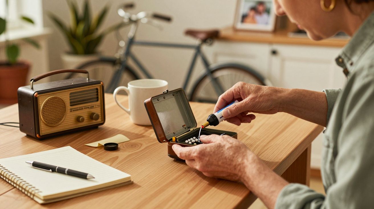 Persona arreglando aparato electrónico en mesa de madera, con radio antigua, taza, cuaderno y bicicleta de fondo.