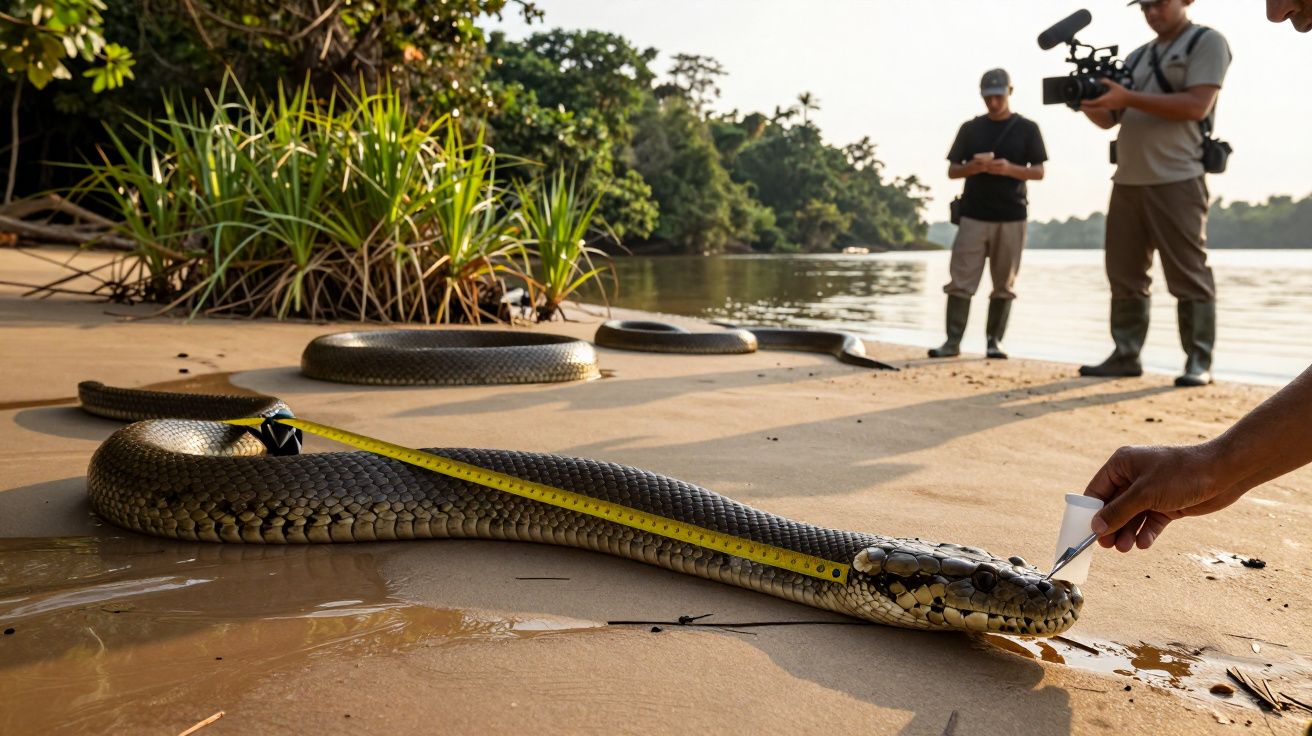 Serpiente grande en la arena siendo medida con cinta métrica; dos personas filman en el fondo, cerca de un río y vegetación.