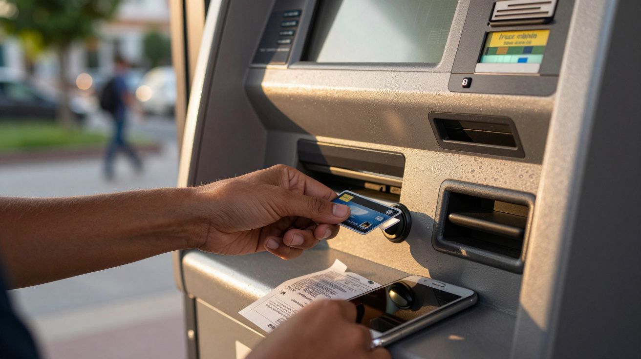 Mano insertando tarjeta bancaria en un cajero automático con un teléfono móvil al lado.