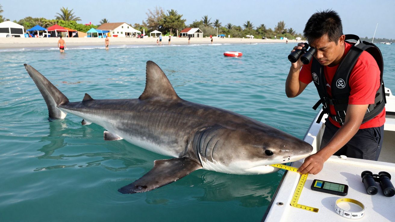 Científico mide un tiburón desde un bote en la playa, con casas y personas en el fondo.