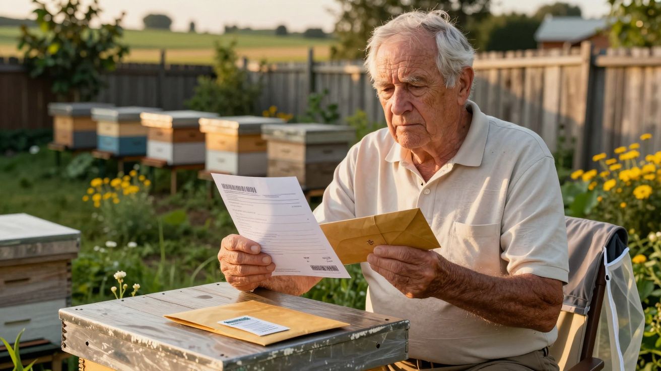 Hombre mayor sentado, leyendo documentos en un jardín con colmenas y flores amarillas al fondo.