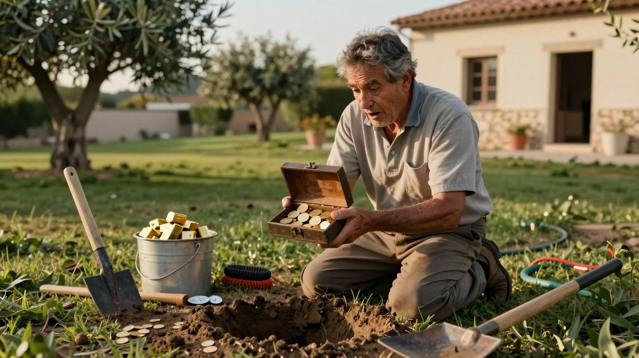 Hombre emocionado encuentra monedas de oro en una caja de madera enterrada en el jardín de una casa.
