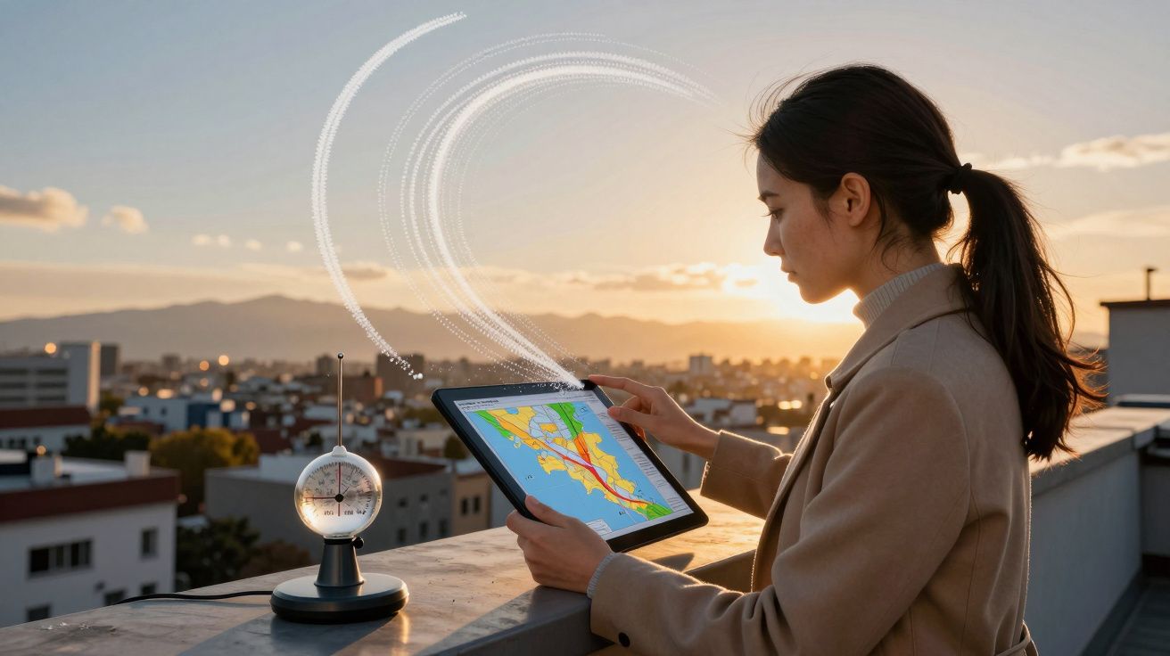 Mujer usando tablet con mapa en la terraza al atardecer, ciudad al fondo.