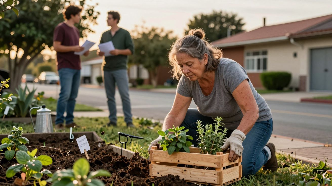 Mujer plantando en jardín urbano, con dos personas conversando al fondo. Vecindario tranquilo al atardecer.